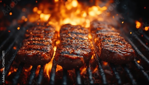 Juicy grilled beef steaks and sausages with vegetables and herbs over flames on outdoor barbecue grill photo