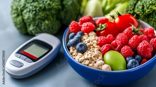 Fresh Fruits and Vegetables with Glucometer for Healthy Lifestyle