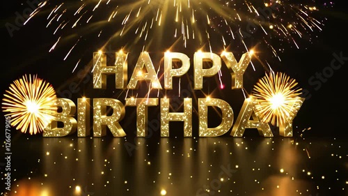 Golden congratulatory text Happy Birthday with fireworks celebration animation and sparkling effects