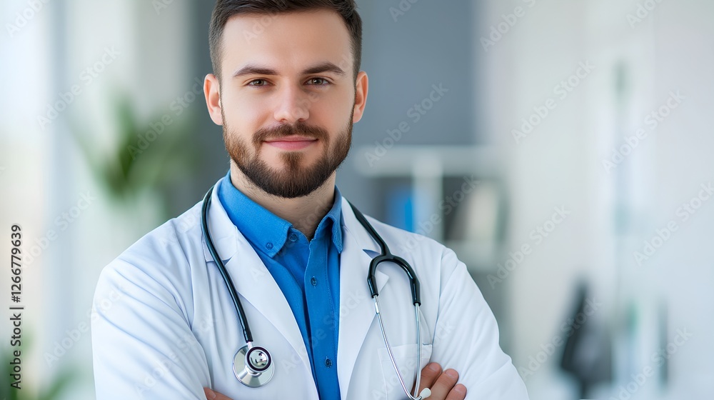 Confident Male Doctor in White Lab Coat with Stethoscope Smiling Confident Male Doctor in White Lab Coat with Stethoscope Smiling