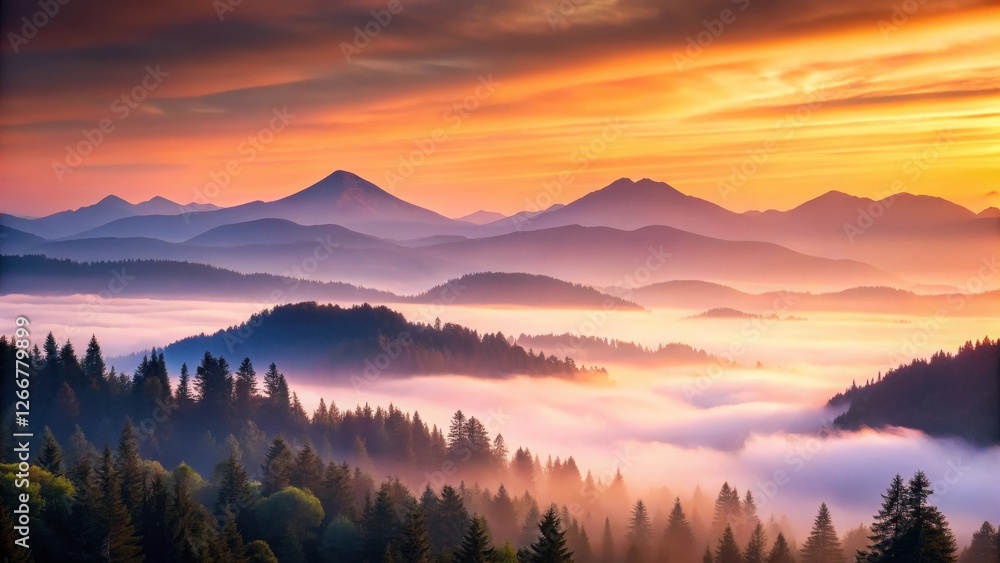 Serene Sunrise Over Misty Mountain Ranges and Evergreen Forests Serene Sunrise Over Misty Mountain Ranges and Evergreen Forests