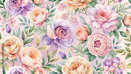 Elegant Watercolor Floral Pattern Featuring a Bountiful Array of Roses and Peonies in Soft Pastel Hues, Perfect for Textile Designs and Decorative Applications