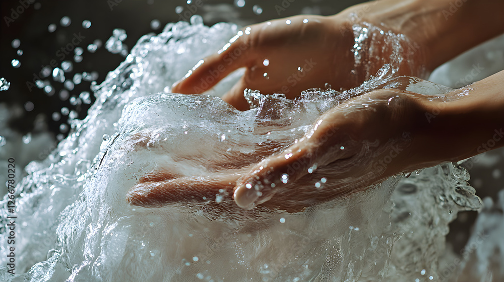 Fototapeta premium Dynamic Macro of Water Droplets Exploding from Compressed Fabric Under Human Hands