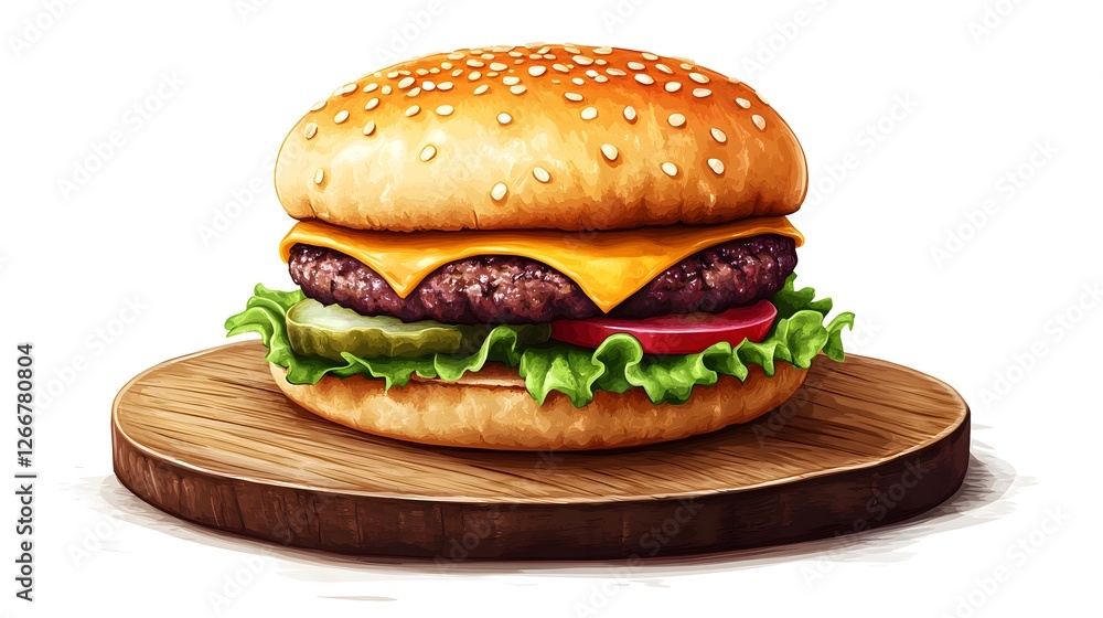 Juicy hamburger plated on a rustic wooden board ready to satisfy your hunger Juicy hamburger plated on a rustic wooden board ready to satisfy your hunger