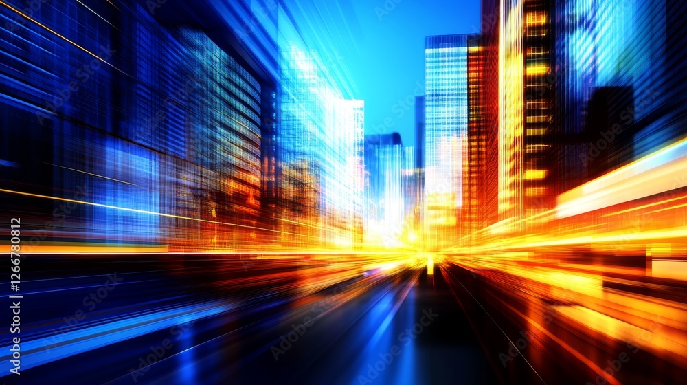 Vibrant cityscape at dusk with blurred light and skyscraper creating a dynamic atmosphere Vibrant cityscape at dusk with blurred light and skyscraper creating a dynamic atmosphere