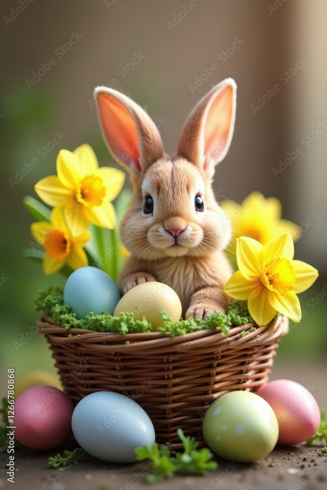 Obraz premium A charming bunny surrounded by colorful Easter eggs and daffodils in a wicker basket , Easter eggs, white, texture