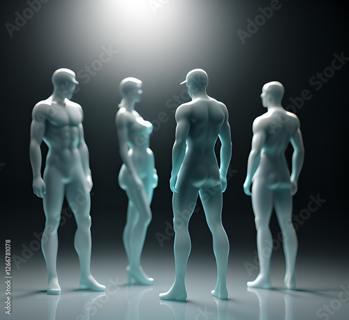 Abstract surrealistic illustration of glass statue several people standing in pose.Concept project.mindfulness and meditation.Futuristic. cyberpunk.innovation different types of poses.generative ai