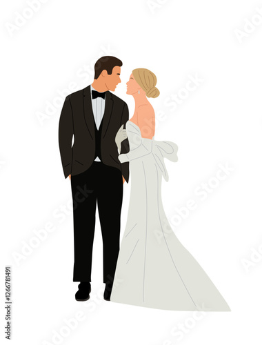 Wedding couple, Bride and groom in formal clothes on wedding day, marriage ceremony. Just married love couple, newlyweds. Realistic vector illustration isolated on transparent background.