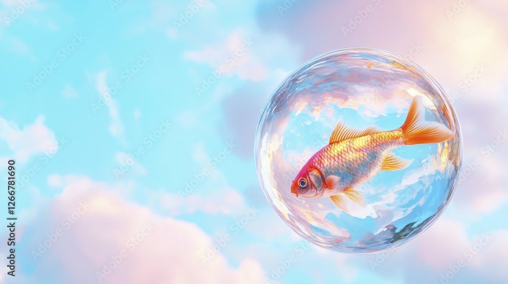 surreal painting of goldfish swimming inside bubble against dreamy sky surreal painting of goldfish swimming inside bubble against dreamy sky