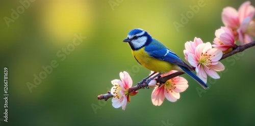 Blue tit on flowering branch, Suffolk spring garden,  charming,  closeup,  pretty