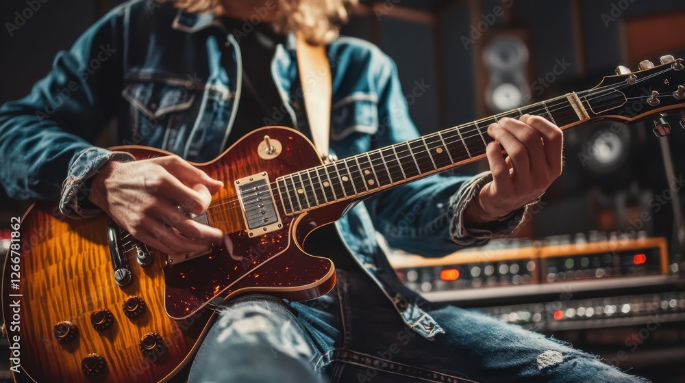 A close-up of an acoustic guitar with warm lighting, highlighting the strings and wood grain, placed on a wooden stage A close-up of an acoustic guitar with warm lighting, highlighting the strings and wood grain, placed on a wooden stage