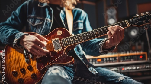A close-up of an acoustic guitar with warm lighting, highlighting the strings and wood grain, placed on a wooden stage