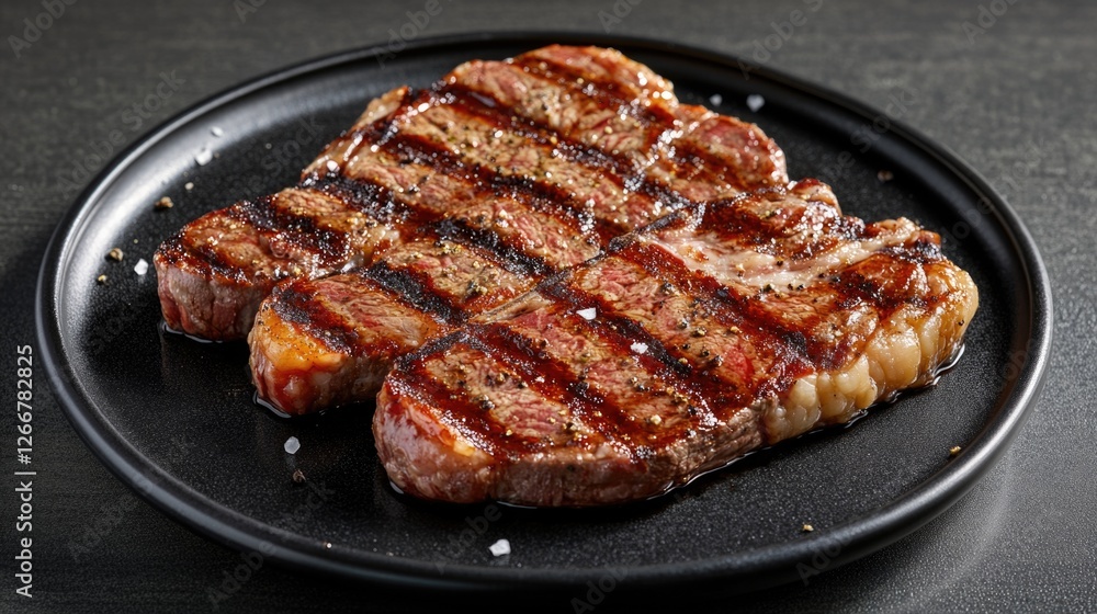 A juicy steak served on a black plate on a table, perfect for a dinner or special occasion A juicy steak served on a black plate on a table, perfect for a dinner or special occasion