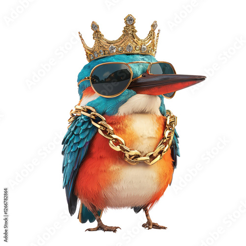 Cute Kingfisher Dressed in Hip Hop Style with Gold Chains and Sunglasses, Royal Vibe for a Fun Nature Shot