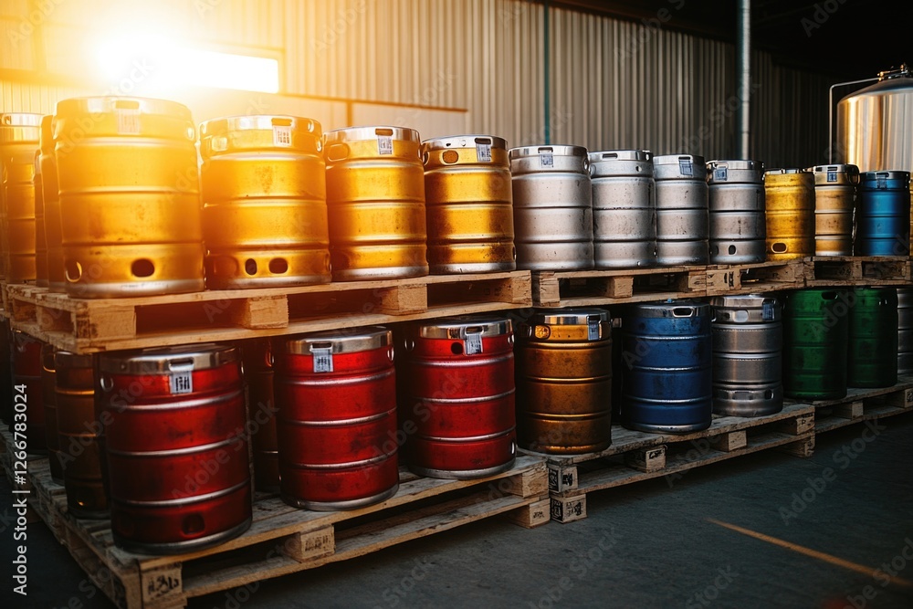 A stack of beer kegs on a wooden pallet in a warehouse setting A stack of beer kegs on a wooden pallet in a warehouse setting