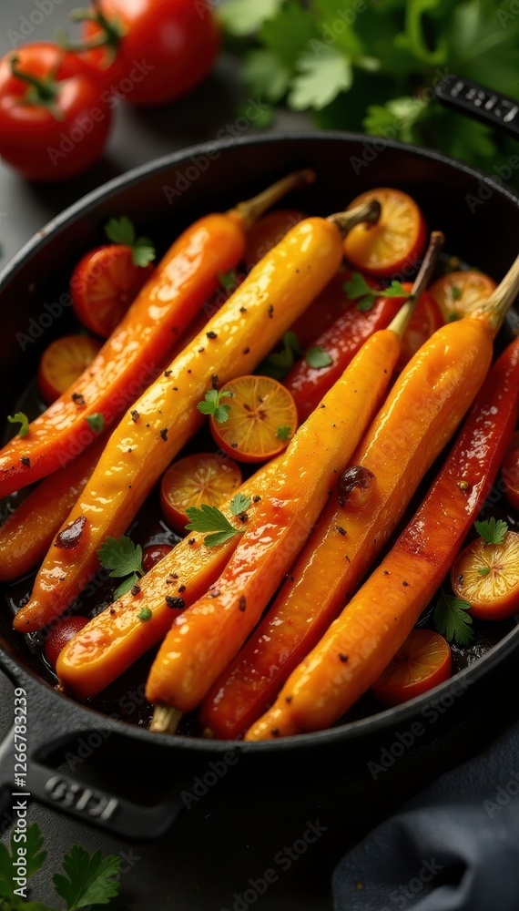 Colorful roasted vegetables in a cast iron pan, delicious, side dish, home cooking Colorful roasted vegetables in a cast iron pan, delicious, side dish, home cooking