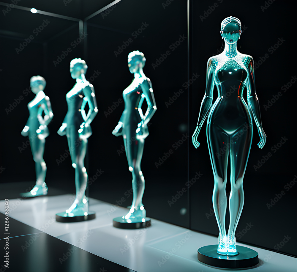 Abstract surrealistic illustration of glass statue several people standing in pose.Concept project.mindfulness and meditation.Futuristic. cyberpunk.innovation different types of poses.generative ai Abstract surrealistic illustration of glass statue several people standing in pose.Concept project.mindfulness and meditation.Futuristic. cyberpunk.innovation different types of poses.generative ai