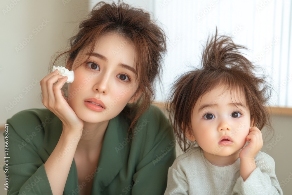 woman and child are sitting on sofa. Mom and Child look at camera with a surprised expression on their faces. scene turned out to be carefree and playful. complexities and joys of motherhood.