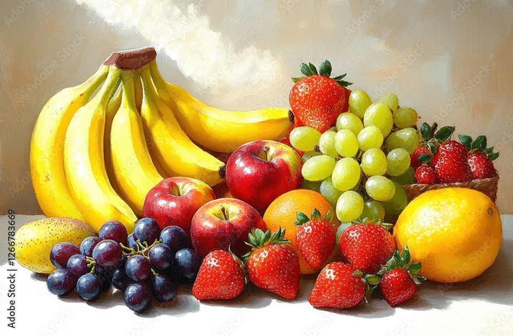 Vibrant Fruit Still Life with Bananas Grapes Strawberries Vibrant Fruit Still Life with Bananas Grapes Strawberries