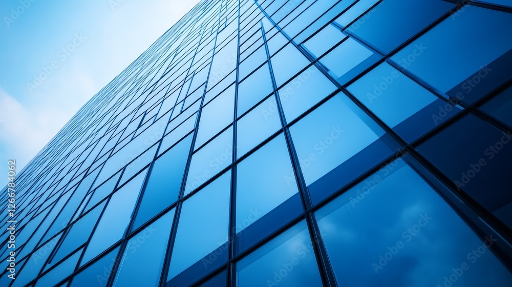 Modern skyscraper reflecting the sky, showcasing architectural elegance in an urban setting Modern skyscraper reflecting the sky, showcasing architectural elegance in an urban setting