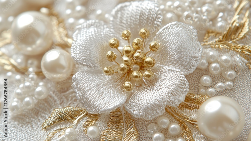 Close-up of elegant embroidered pearls and flowers Close-up of elegant embroidered pearls and flowers