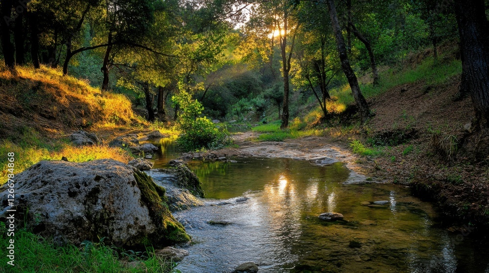 sunset stream in wooded valley sunset stream in wooded valley