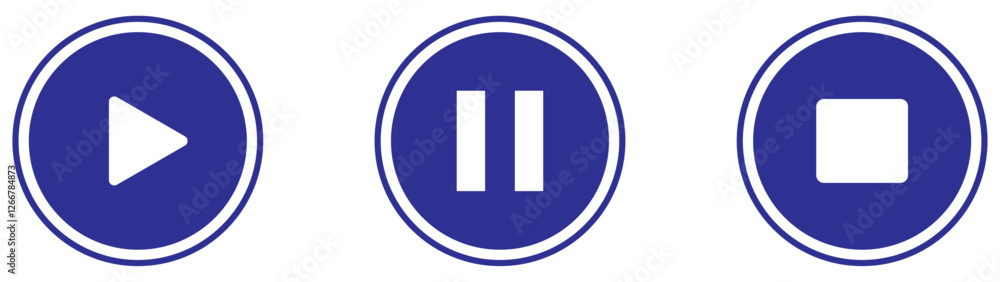 Play pause stop button icons black and white background. Simple play pause stop icons for multimedia. Round media player button symbols. Digital media playback control symbols set. Vector illustration Play pause stop button icons black and white background. Simple play pause stop icons for multimedia. Round media player button symbols. Digital media playback control symbols set. Vector illustration
