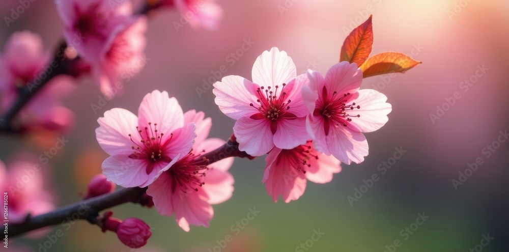 Obraz premium Delicate fingers caress vibrant pink blossoms on a spring branch , garden, gentle