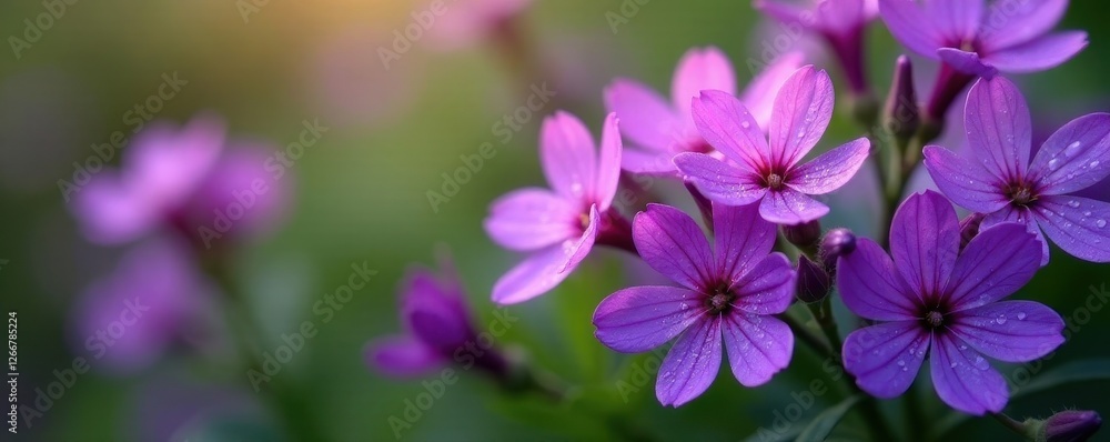 Dense cluster of deep purple wildflowers, dewy petals, macro, texture, rich color