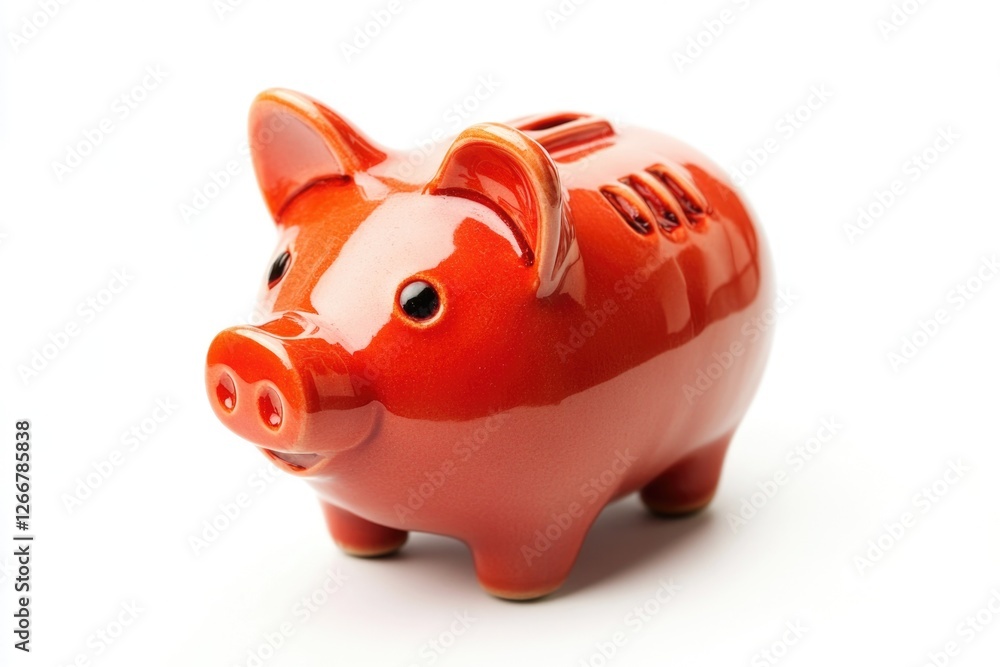 Obraz premium A small piggy bank with a bright red color sits on a plain white surface, ready for savings