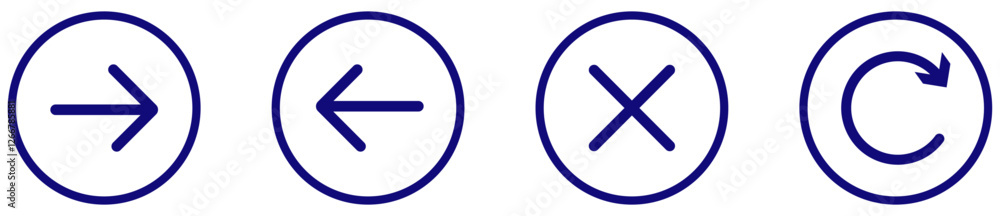 Vector ui symbols with right arrow left arrow cancel and refresh. Navigation and action icons set with right arrow left arrow cancel refresh. User interface action icons. Vector illustration Vector ui symbols with right arrow left arrow cancel and refresh. Navigation and action icons set with right arrow left arrow cancel refresh. User interface action icons. Vector illustration