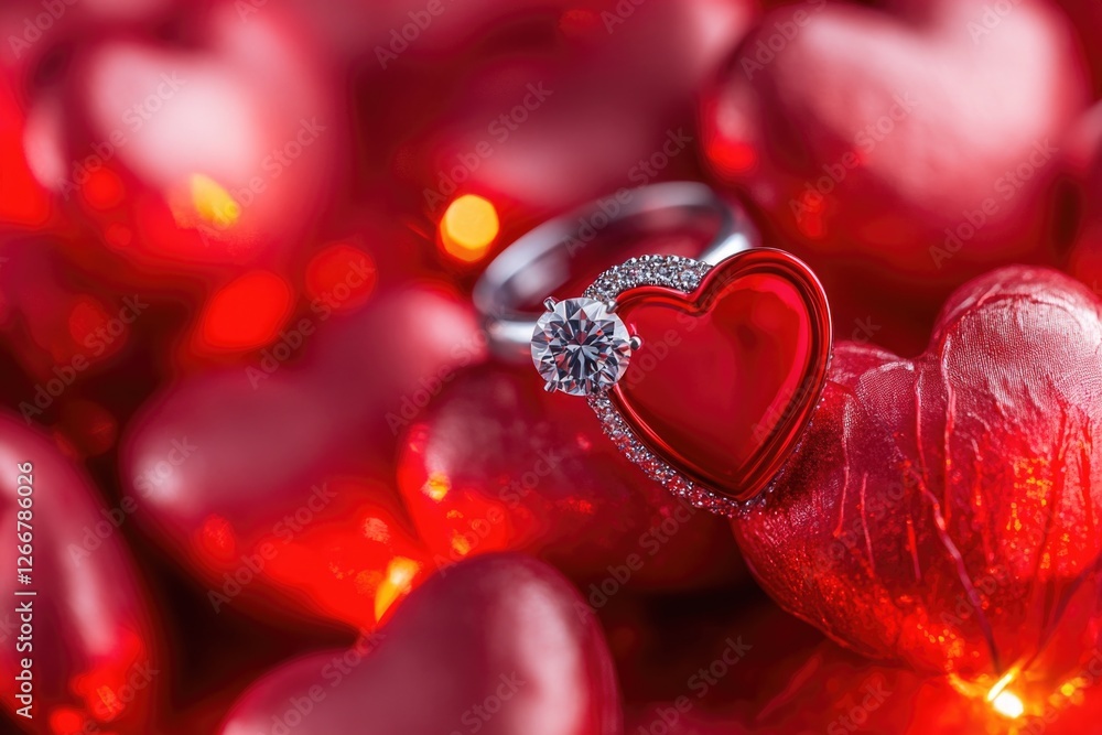 A diamond ring sits atop a bright red heart symbolizing love and commitment A diamond ring sits atop a bright red heart symbolizing love and commitment