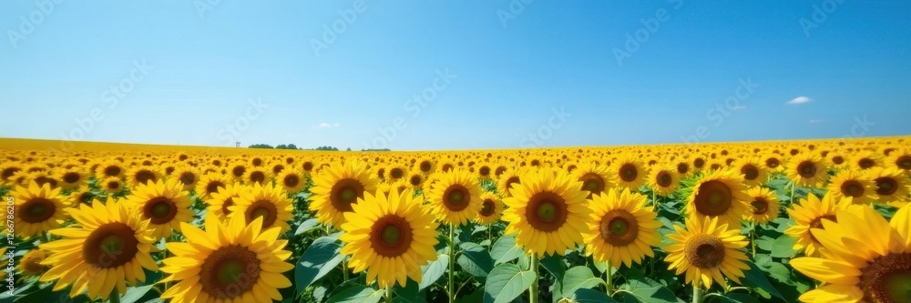 Obraz premium Endless rows of sunflowers, azure sky overhead , photo, farmland