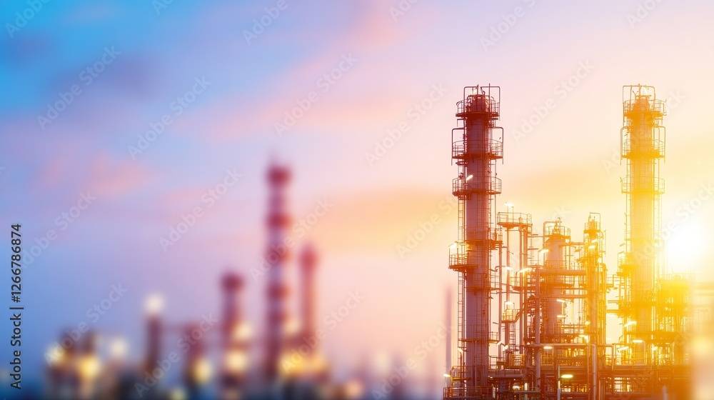 Industrial landscape at sunset showcasing towering smokestacks against a colorful sky Industrial landscape at sunset showcasing towering smokestacks against a colorful sky