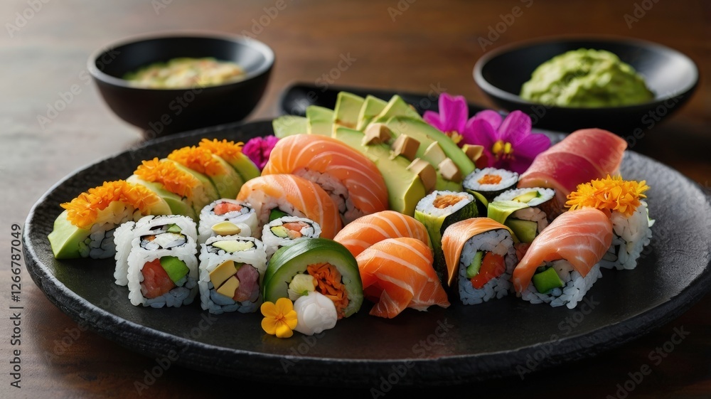 Rainbow Sushi Platter: Vibrant Rolls with Avocado, Tuna, Salmon, and Edible Flowers on a Sleek Black Plate Rainbow Sushi Platter: Vibrant Rolls with Avocado, Tuna, Salmon, and Edible Flowers on a Sleek Black Plate