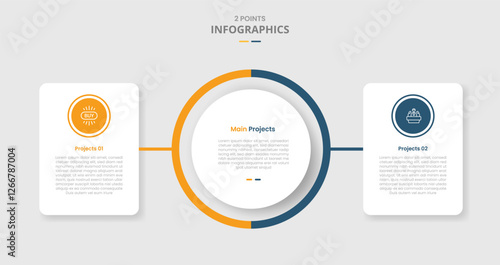 2 points template comparison concept for infographic with big circle center with round box container on side with drop shadow style with two point list information