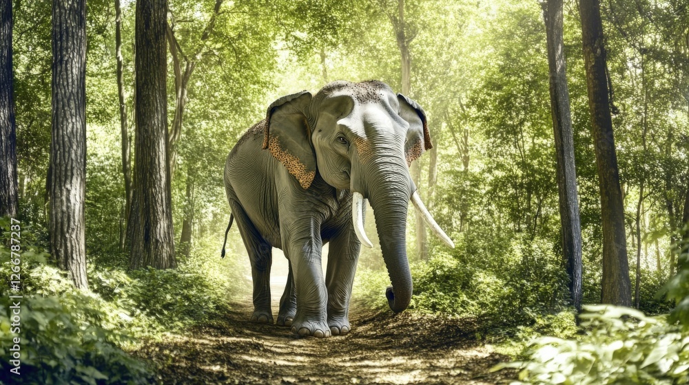 Fototapeta premium Majestic elephant walking through a sunlit forest path