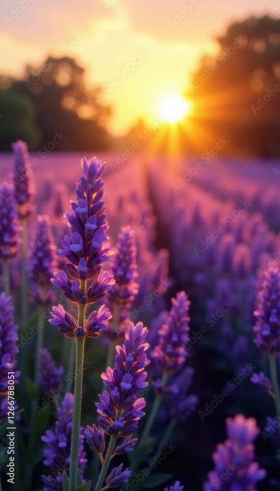 Golden hour light bathes vibrant lavender, wooden borders , sunrise, bloom, landscape Golden hour light bathes vibrant lavender, wooden borders , sunrise, bloom, landscape