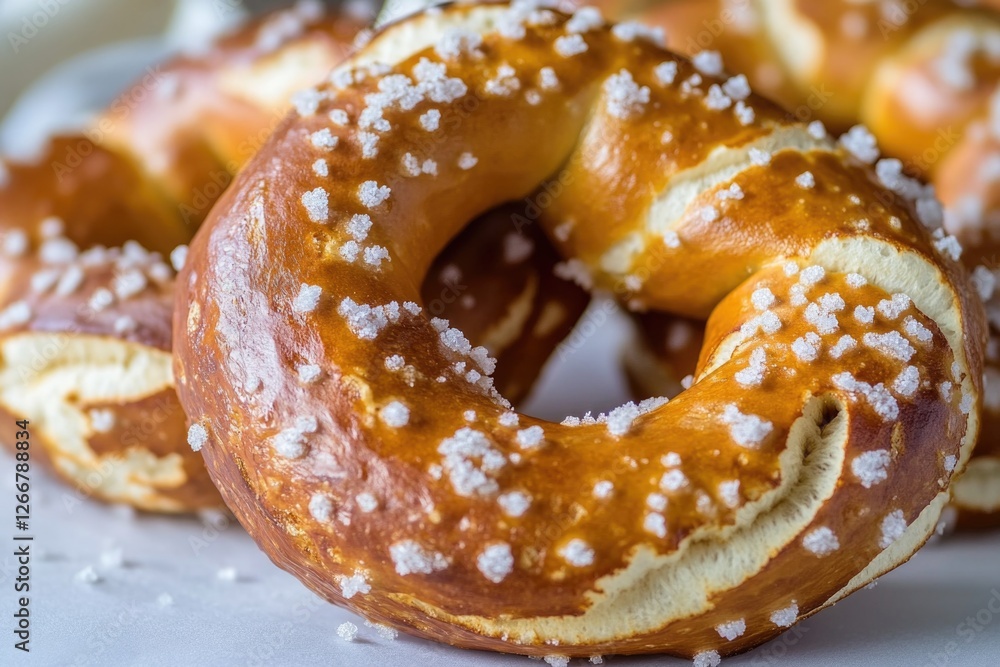 A pair of soft pretzels placed neatly on a clean white plate, ideal for serving or displaying A pair of soft pretzels placed neatly on a clean white plate, ideal for serving or displaying