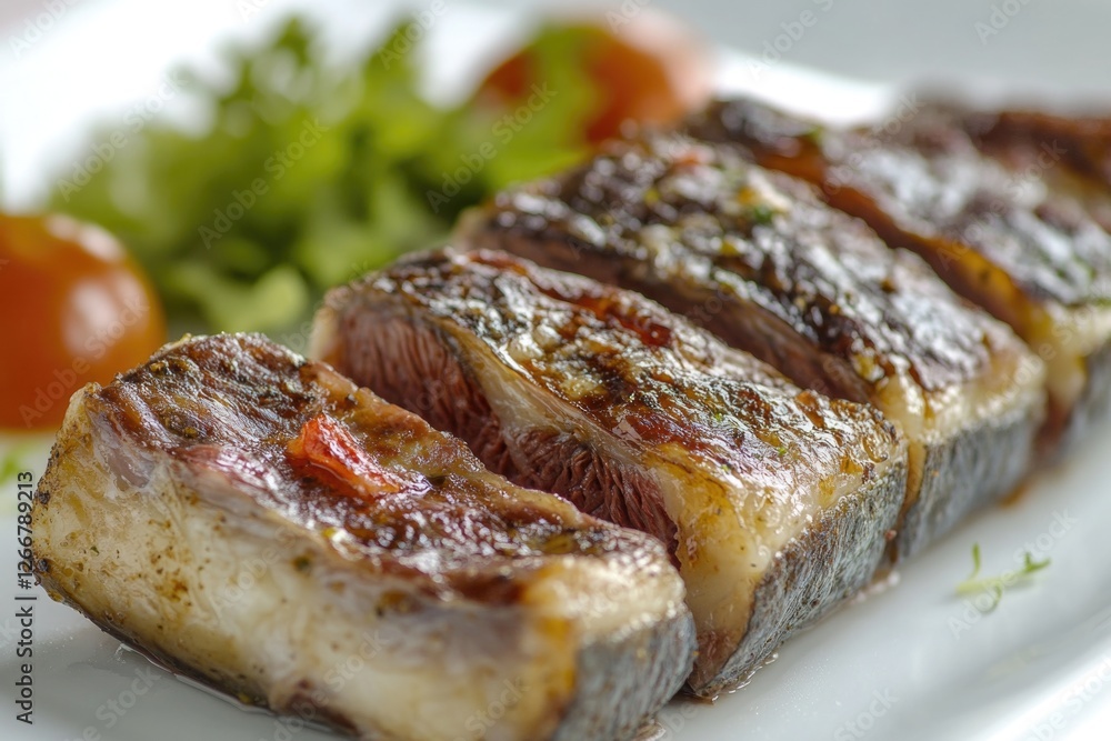 A simple dish featuring a white plate filled with grilled meat and steamed vegetables A simple dish featuring a white plate filled with grilled meat and steamed vegetables