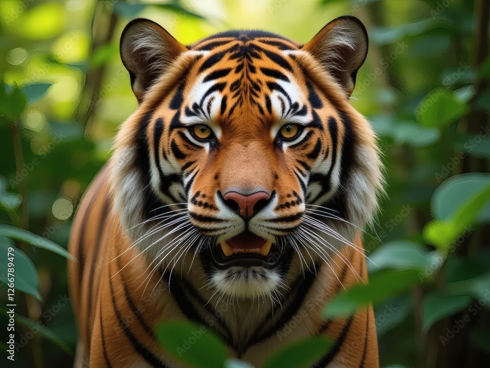 Fototapeta premium Stylized Bengal Tiger with Sharp Amber Eyes in Green Jungle