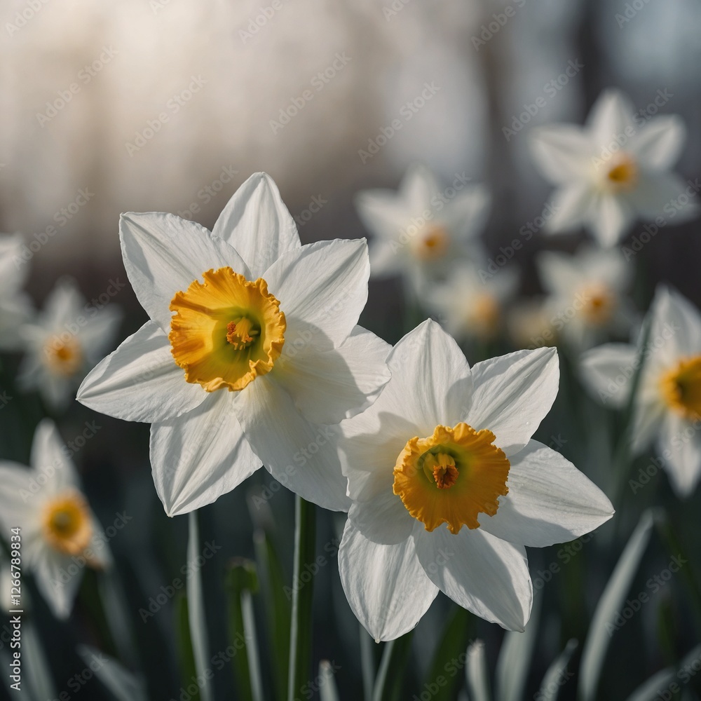 A minimalistic white daffodil against a blurred background.