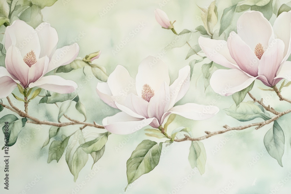 Pink magnolia blossoms, spring branch, soft background, nature art, home decor Pink magnolia blossoms, spring branch, soft background, nature art, home decor