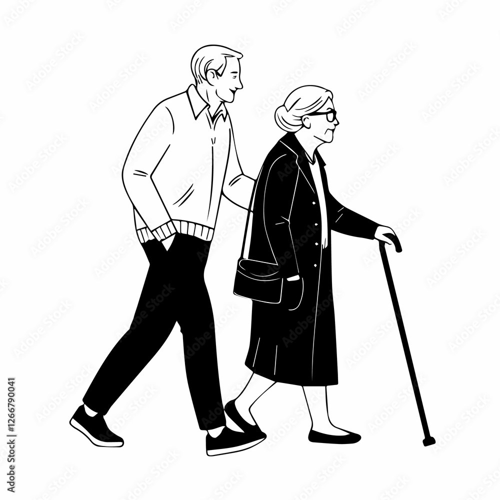 An old couple is walking with a cane Image An old couple is walking with a cane Image
