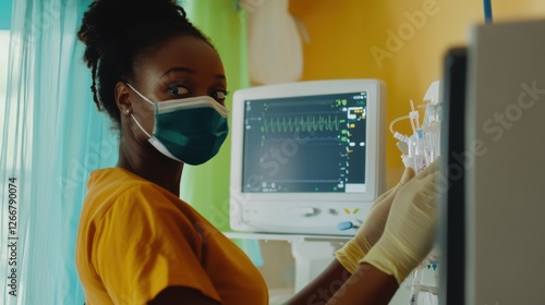 healthcare worker monitoring medical equipment photo