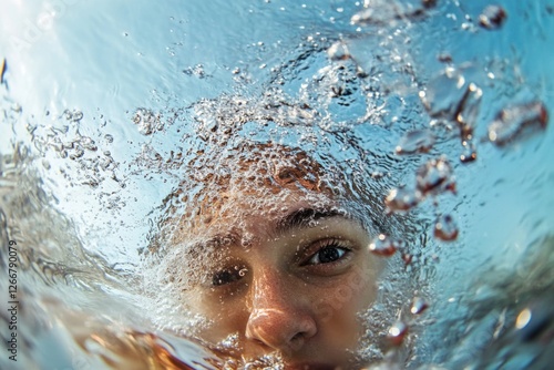 A person swimming beneath the water's surface, a close-up shot photo