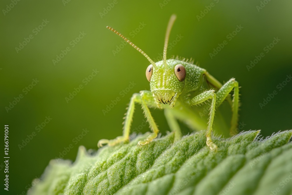 Close-up view of a grasshopper sitting on a leaf, natural habitat Close-up view of a grasshopper sitting on a leaf, natural habitat