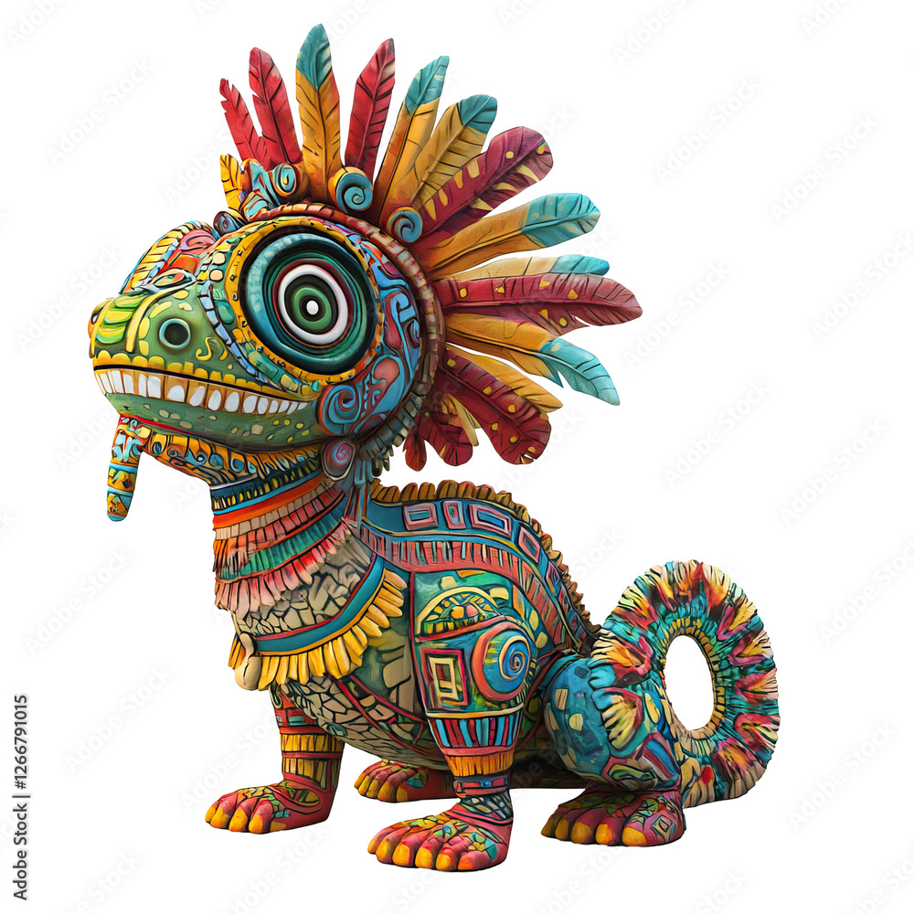 Colorful Cartoonish Chameleon Sculpture Inspired Aztec Art with Vibrant Patterns and Intricate Designs Colorful Cartoonish Chameleon Sculpture Inspired Aztec Art with Vibrant Patterns and Intricate Designs