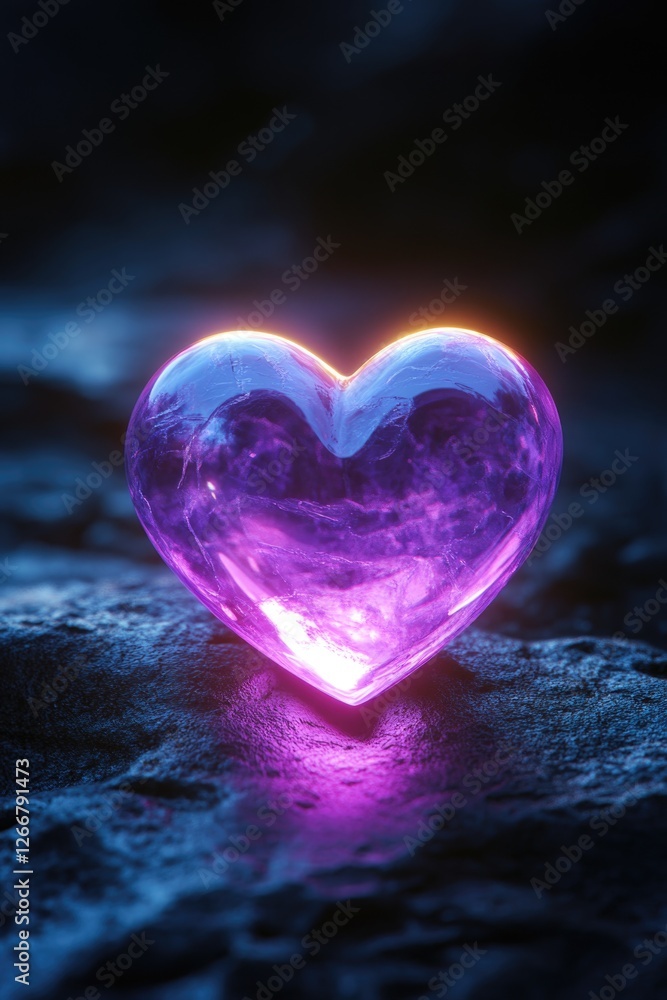 Fototapeta premium A purple heart-shaped object sits atop a rocky outcropping, perfect for use in designs related to love, Valentine's Day, or geology-themed projects