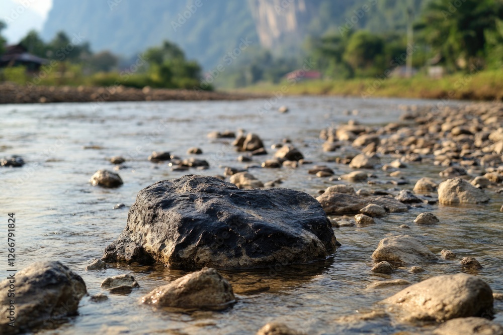 A large rock sitting in the middle of a river, surrounded by calm water A large rock sitting in the middle of a river, surrounded by calm water